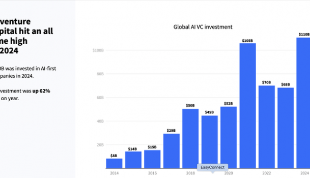 2024年全球AI投资猛增至1100亿美元，中国表现突出居第🈲𝟝𝟙二